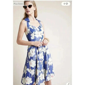 Anthropologie Size 4 Women's Camellia Floral Collared Dress Blue Jean A-Line